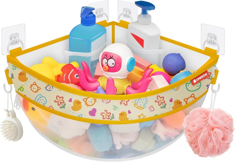UNEEDE 4.32 Gallons Duck Print Corner Mounted Bath Toy Storage Holder, Yellow Mesh Shower Caddy for Bathtub Organizer, Quick Dry Holder - Image 1